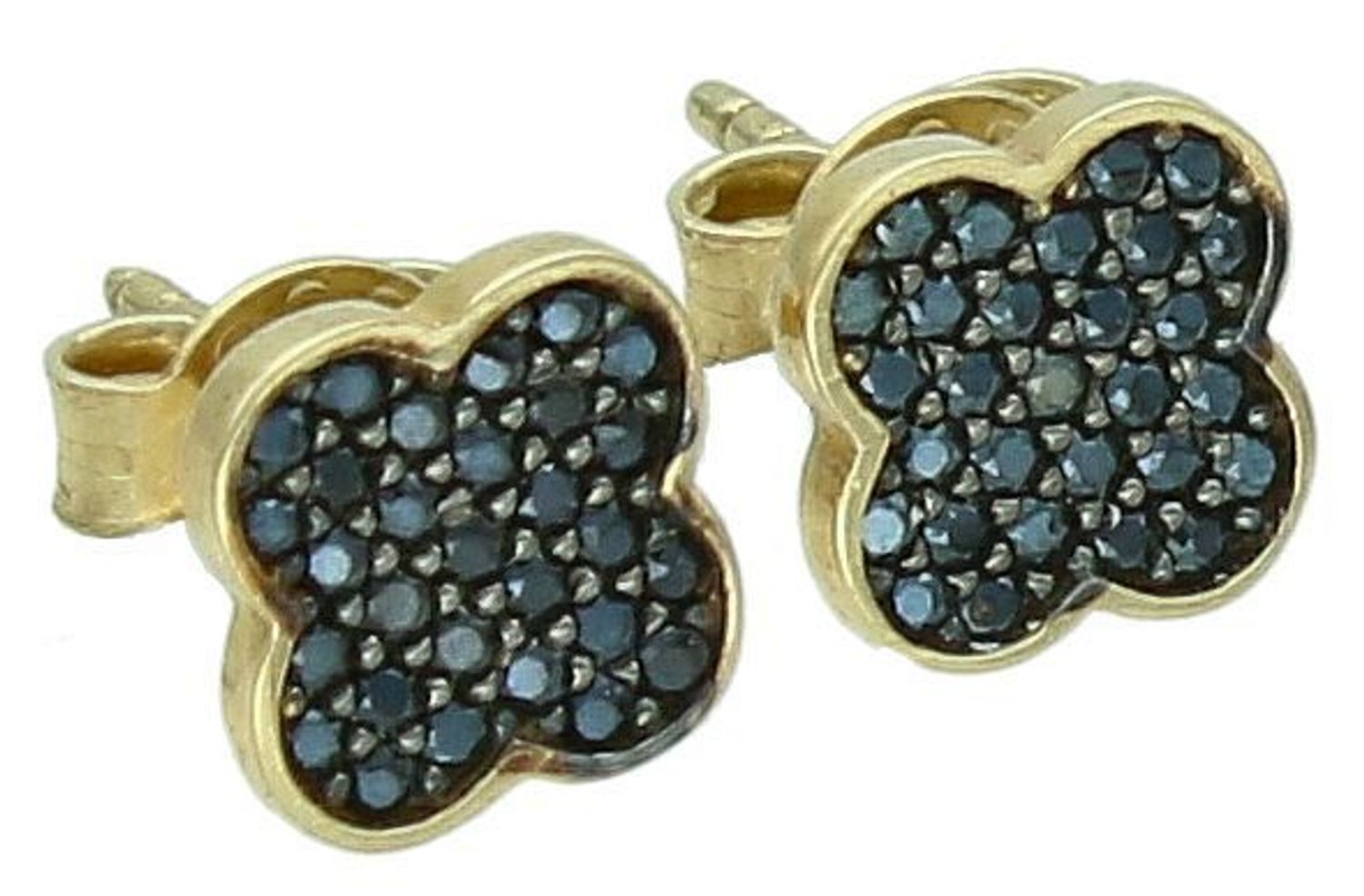 Kolczyki złote koniczynki w czarne cyrkonie pr 333, KL 5080A 333 Kolczyki złote w kształcie koniczynki z czarnymi cyrkoniami, wykonane z 8-karatowego złota próby 333, to elegancka i nowoczesna 1.jpg